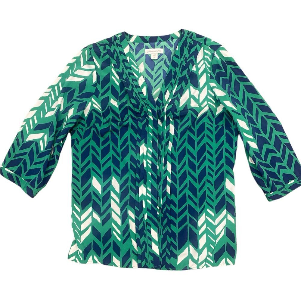 Coldwater Creek Large Size 14 Blouse Pintuck Top 3/4 Sleeve V-Neck Button Down